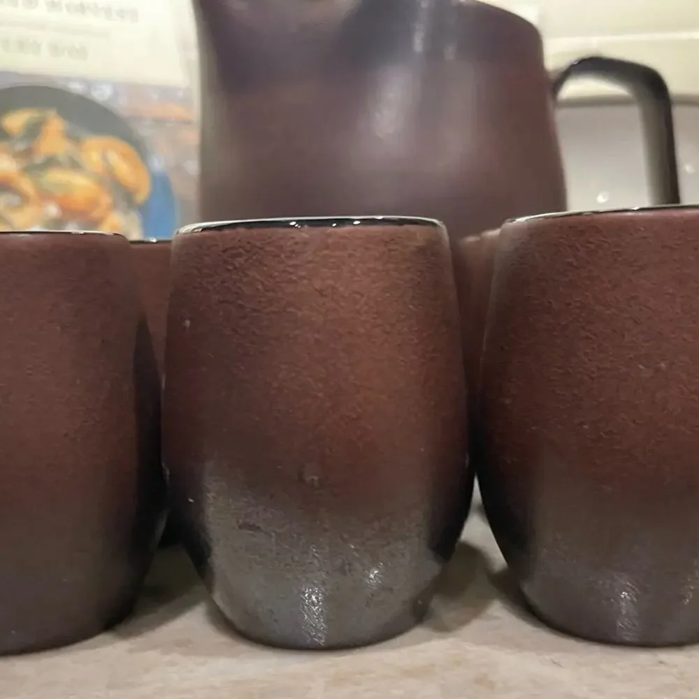 Cara Espana Sangria pottery pitcher and cups matte brown